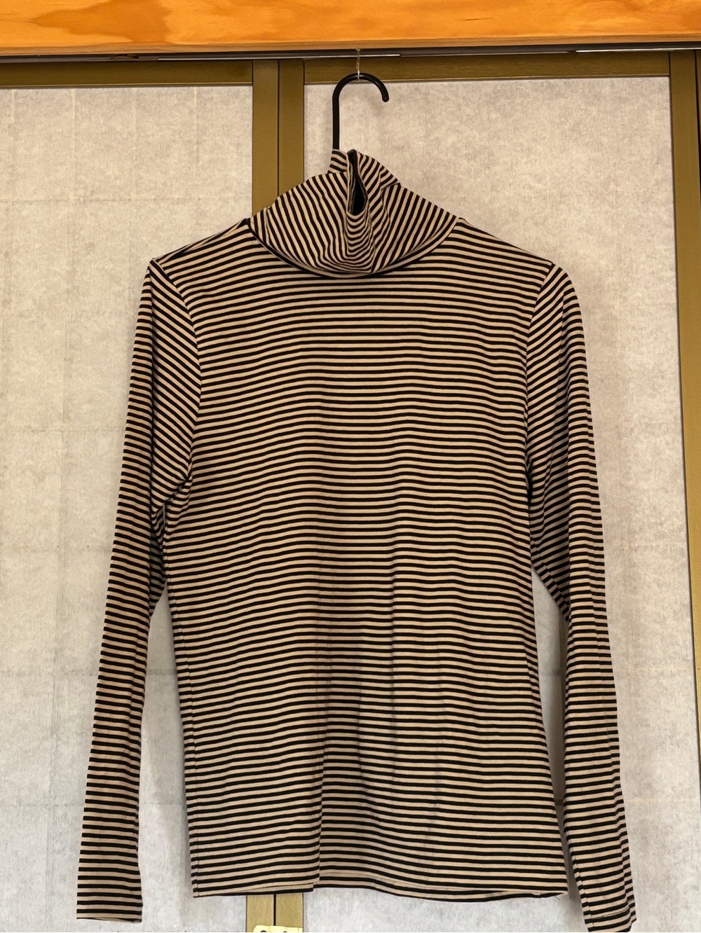 J. Crew Black and Cream Striped Lightweight Turtleneck, Size M